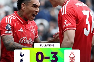 Vitor Pereira celebre sa premiere victoire en Premier League avec Nottingham Forest face a Tottenham