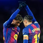 Lamine Yamal et Raphinha celebrent Barcelone Champions League huitiemes finale 2026