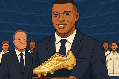 Kylian Mbappé avec le Soulier d'Or au Santiago Bernabéu