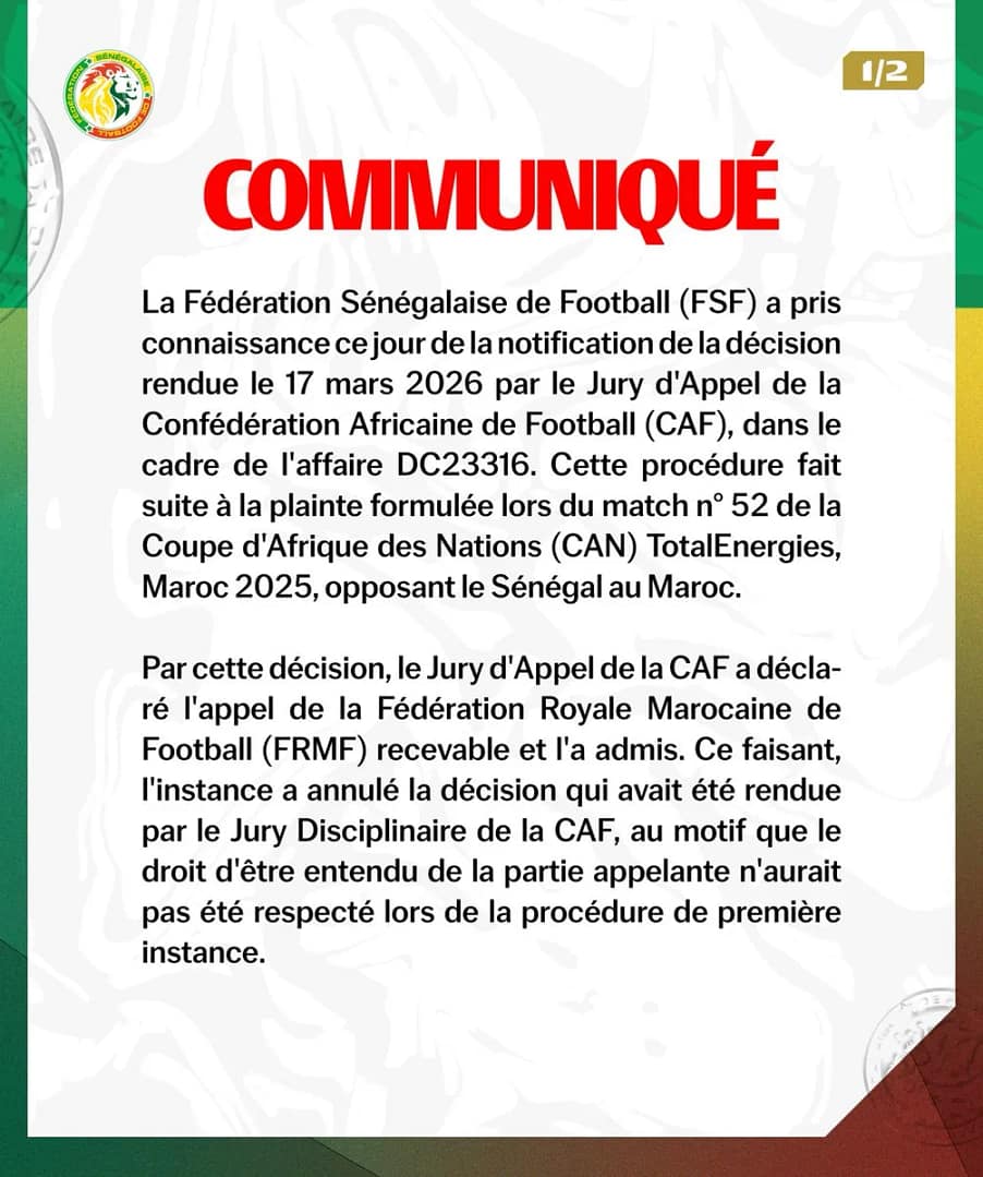 Communique officiel de la Federation Senegalaise de Football apres la decision de la CAF sur la CAN 2025